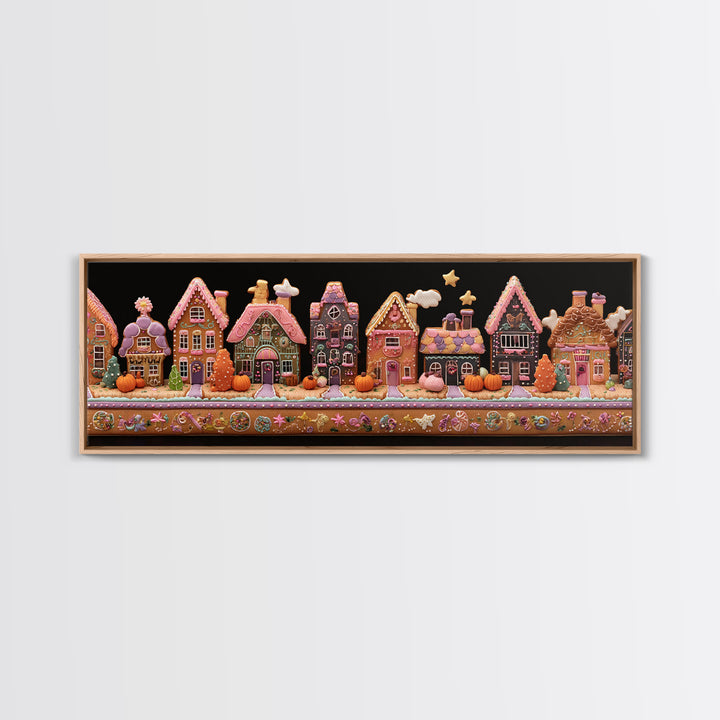 The Halloween Gingerbread Village, Folk Halloween Art, Extra Wide Wall Art, Canvas Print, Cute Halloween Wall Art