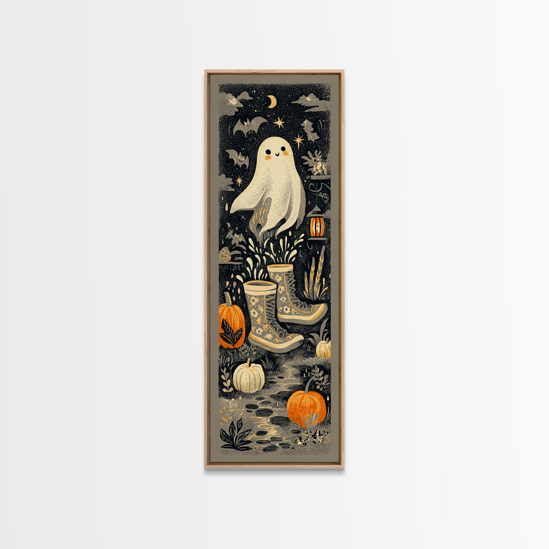 The Ghost In Rain Boots, Linocut Halloween Art, Tall Narrow Wall Art, Framed Canvas Print, Cute Halloween Wall Art