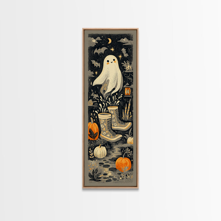 The Ghost In Rain Boots, Linocut Halloween Art, Tall Narrow Wall Art, Framed Canvas Print, Cute Halloween Wall Art