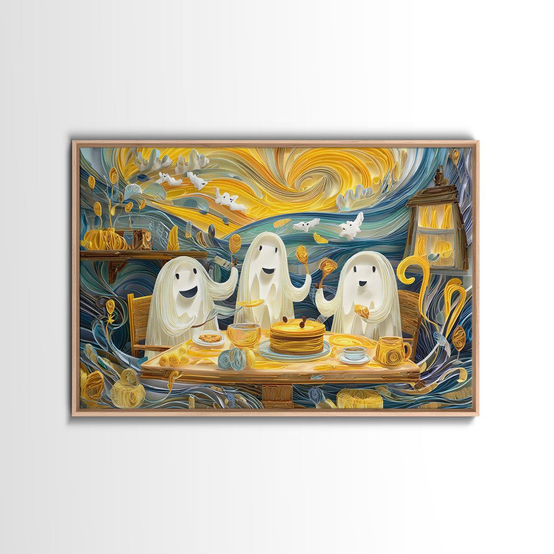 The Ghost Family Breakfast, Quilled Halloween Art, Landscape Wall Art, Framed Canvas Print, Cute Halloween Wall Art