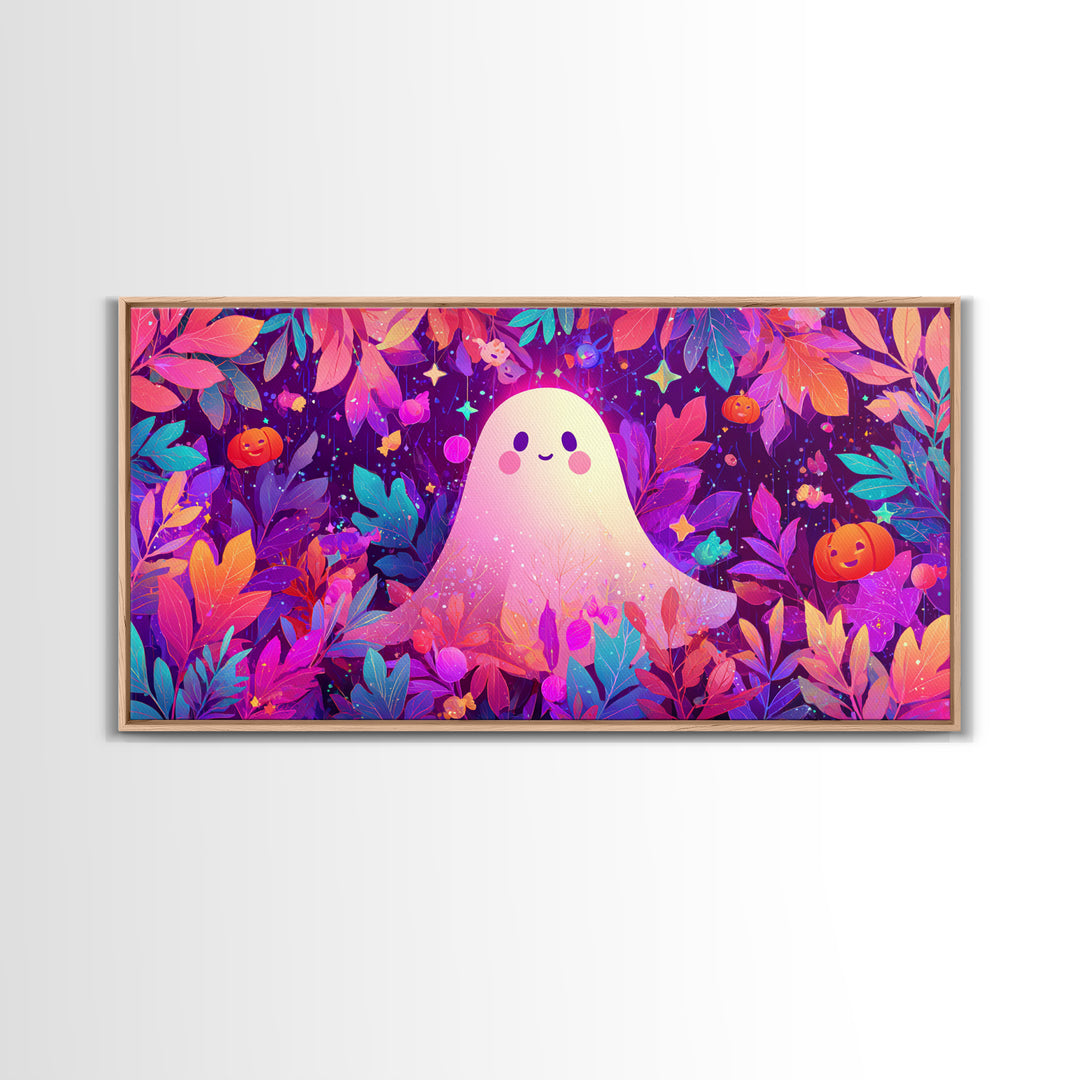 The Ghost With A Flower Crown, Vaporwave Halloween Art, Wide Panoramic Art, Framed Canvas Print, Cute Halloween Wall Art