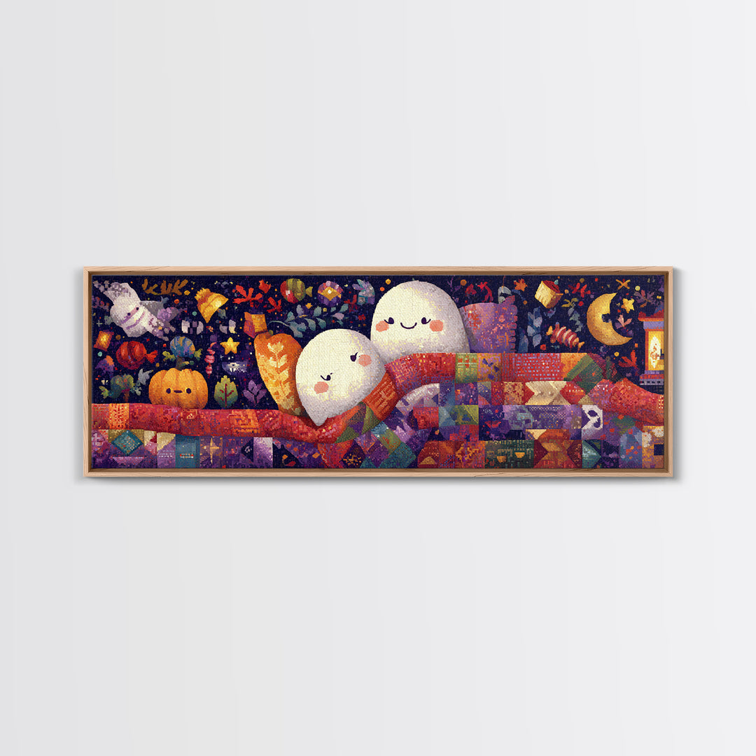 The Sleepy Blanket Ghost, Pixel Halloween Art, Extra Wide Wall Art, Canvas Print, Cute Halloween Wall Art