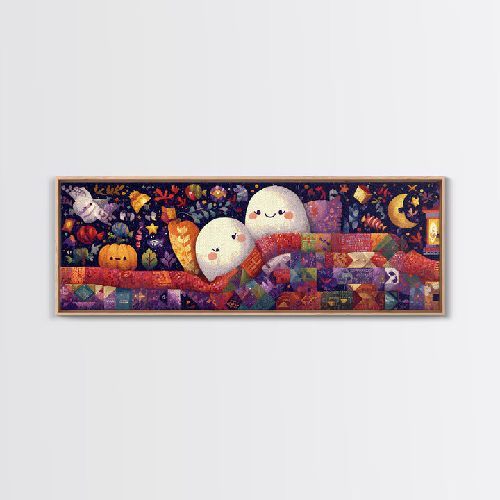 The Sleepy Blanket Ghost, Pixel Halloween Art, Extra Wide Wall Art, Canvas Print, Cute Halloween Wall Art