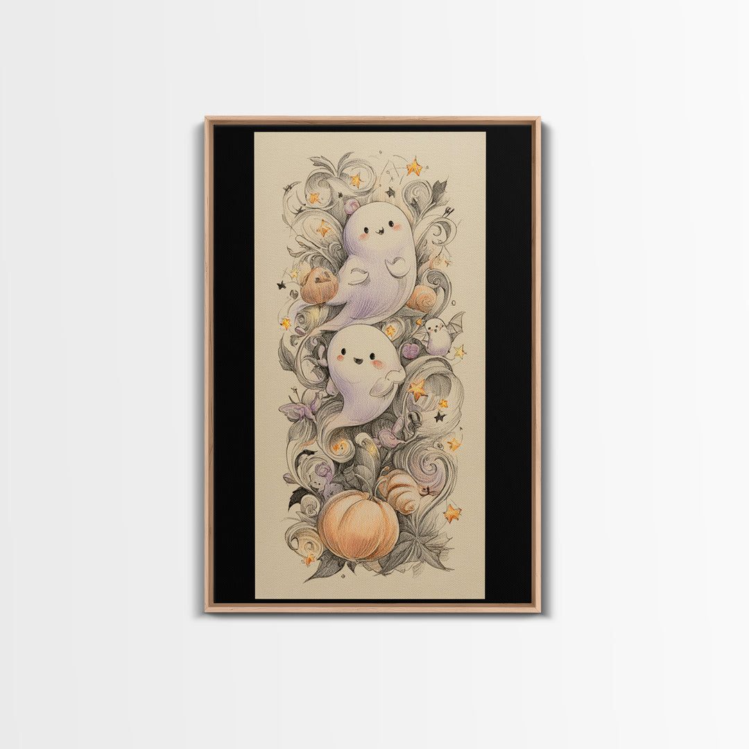 The Ghost And Firefly Friends, Hand Sketch Halloween Art, Vertical Wall Art, Canvas Print, Cute Halloween Wall Art