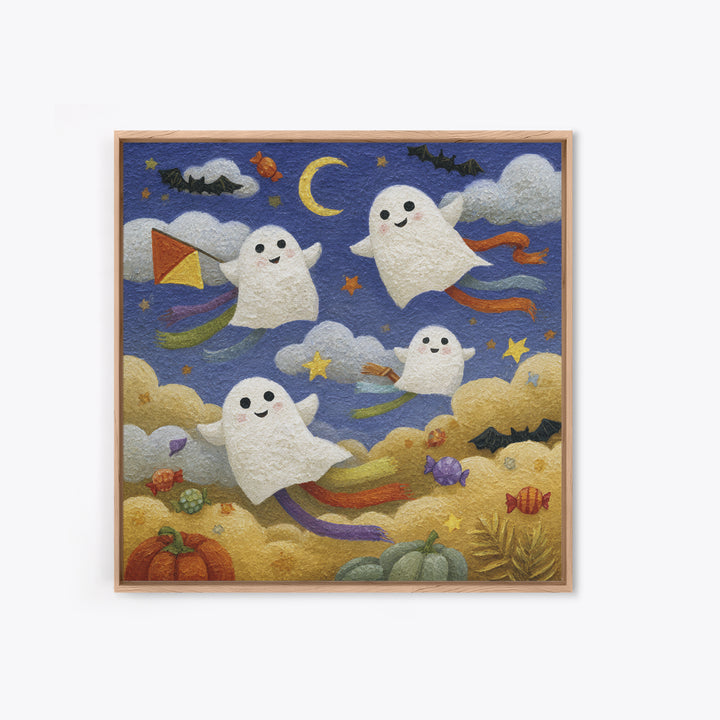 The Ghost Kite Festival, Gouache Halloween Art, Square Wall Art, Canvas Print, Cute Halloween Wall Art
