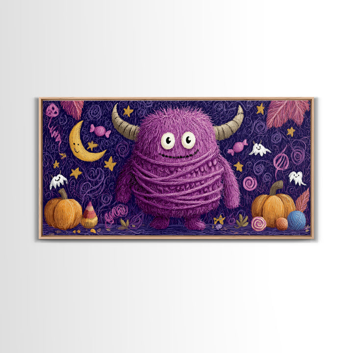 The Fuzzy Purple Monster, Crayon Halloween Art, Wide Panoramic Art, Framed Canvas Print, Cute Halloween Wall Art