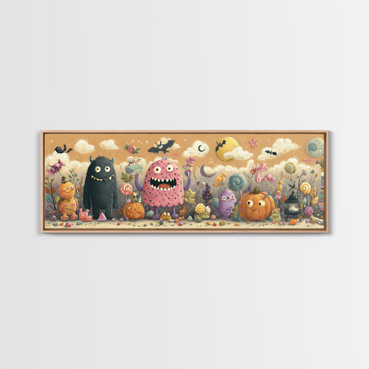 The Polka-Dot Monster, Pastel Halloween Art, Extra Wide Wall Art, Canvas Print, Cute Halloween Wall Art