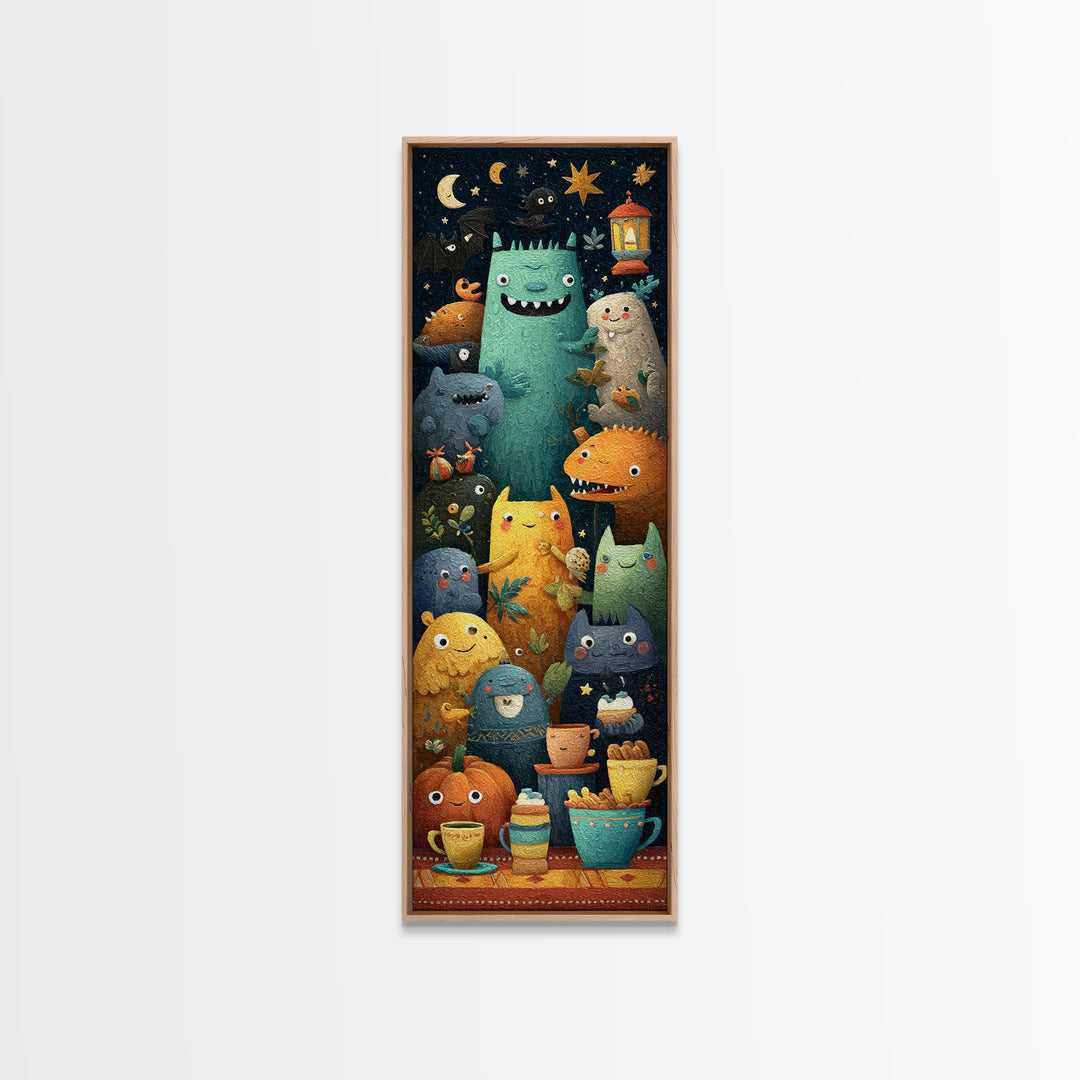 The Monster Under The Bed Tea Party, Paper Collage Halloween, Tall Narrow Wall Art, Framed Canvas Print, Cute Halloween Wall Art
