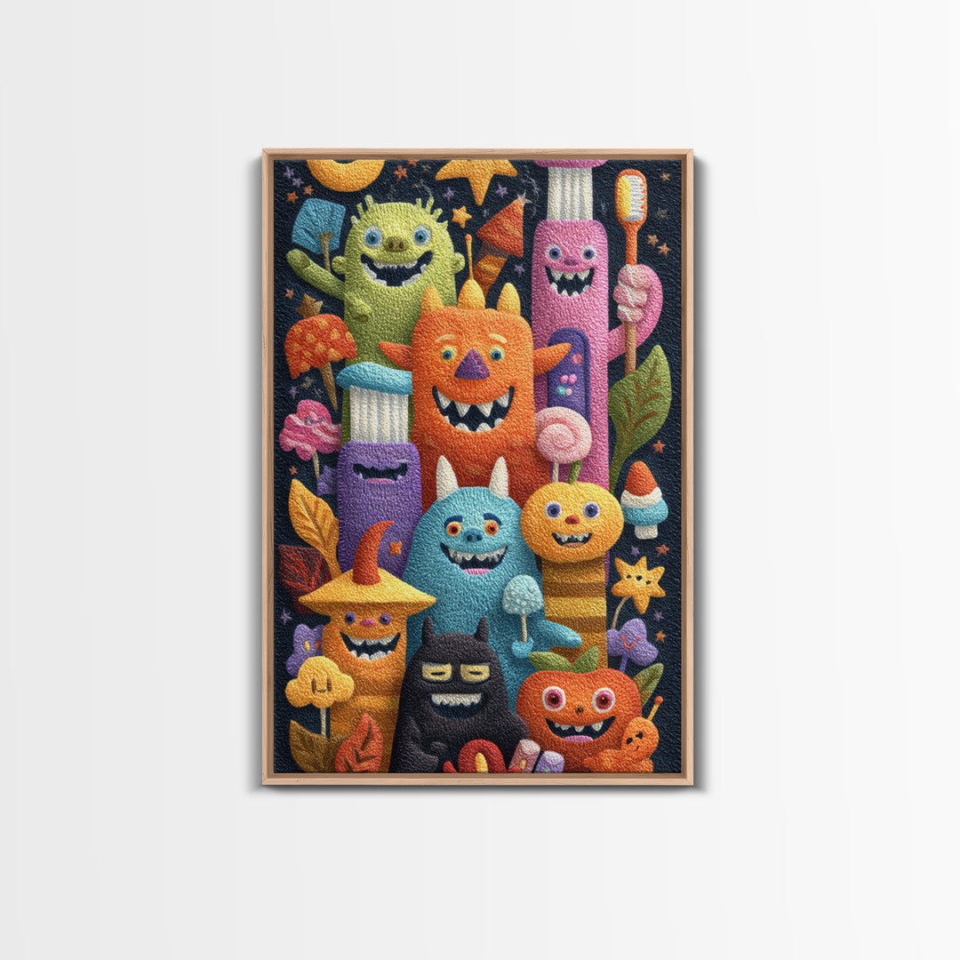 The Monster Toothbrush Club, Felt Halloween Art, Vertical Wall Art, Canvas Print, Cute Halloween Wall Art