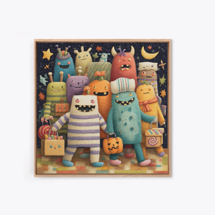 The Monster Pajama Parade, Plush Halloween Art, Square Wall Art, Canvas Print, Cute Halloween Wall Art