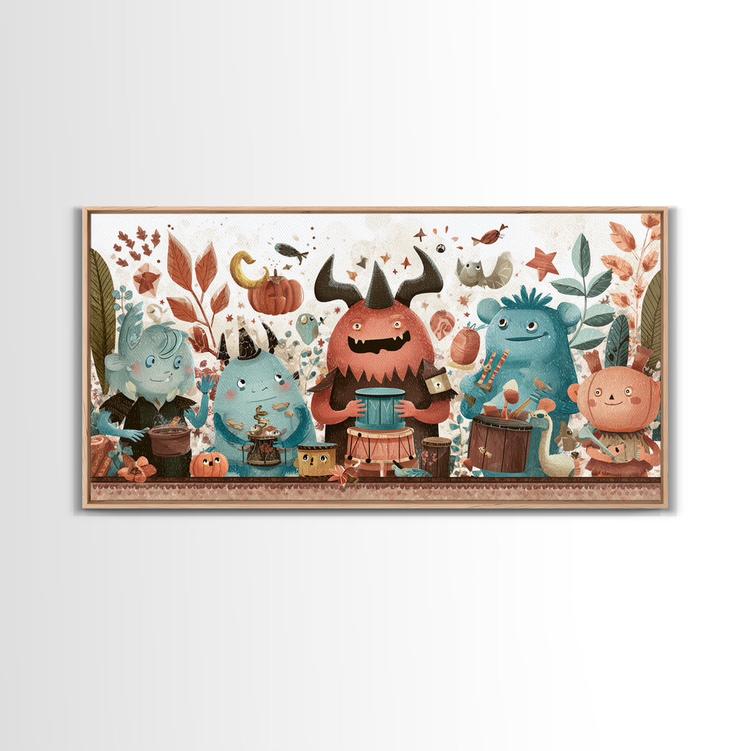 The Little Monster Orchestra, Kawaii Halloween Art, Wide Panoramic Art, Framed Canvas Print, Cute Halloween Wall Art