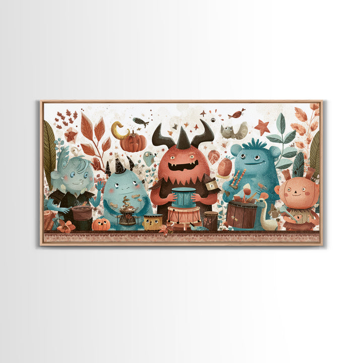 The Little Monster Orchestra, Kawaii Halloween Art, Wide Panoramic Art, Framed Canvas Print, Cute Halloween Wall Art