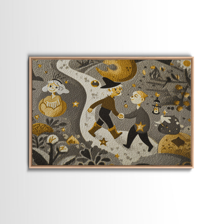 The Trick-Or-Treat Treasure Hunt, Linocut Halloween Art, Landscape Wall Art, Framed Canvas Print, Cute Halloween Wall Art