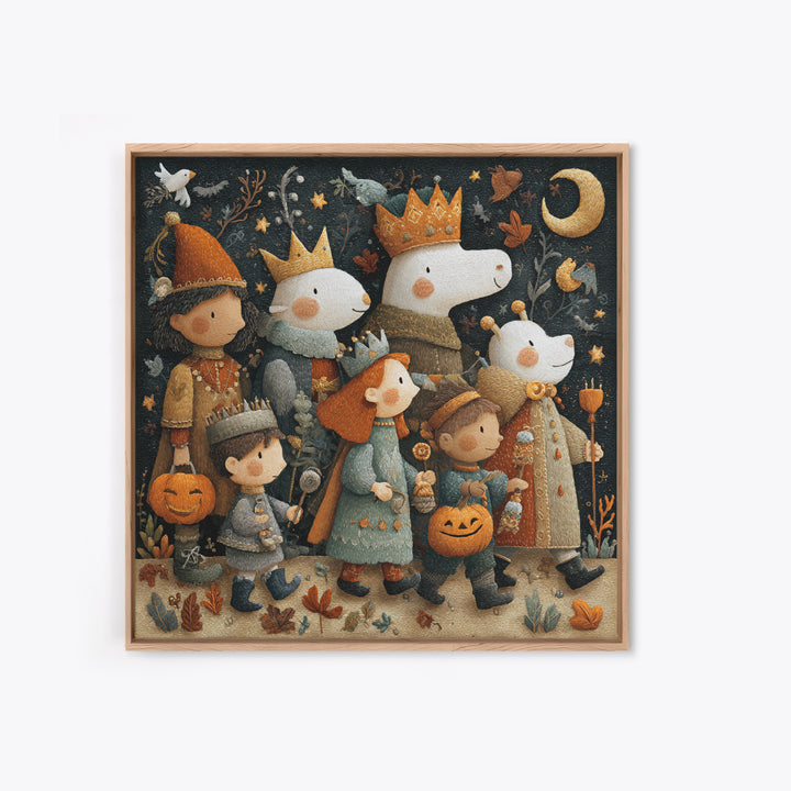 The Costume Parade, Embroidered Halloween Art, Square Wall Art, Canvas Print, Cute Halloween Wall Art