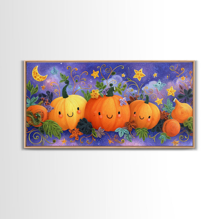 The Pumpkin Painting Party, Quilled Halloween Art, Wide Panoramic Art, Framed Canvas Print, Cute Halloween Wall Art