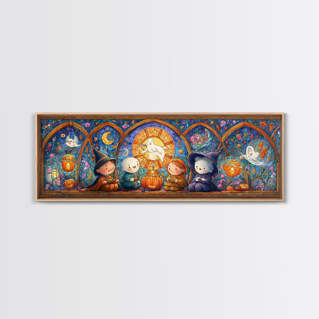 The Halloween Story Circle, Stained Glass Halloween, Extra Wide Wall Art, Canvas Print, Cute Halloween Wall Art