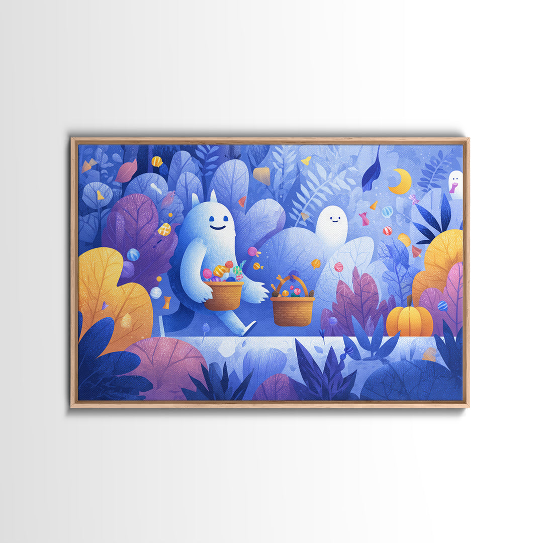 The Candy Bucket Relay Race, Vector Halloween Art, Landscape Wall Art, Framed Canvas Print, Cute Halloween Wall Art
