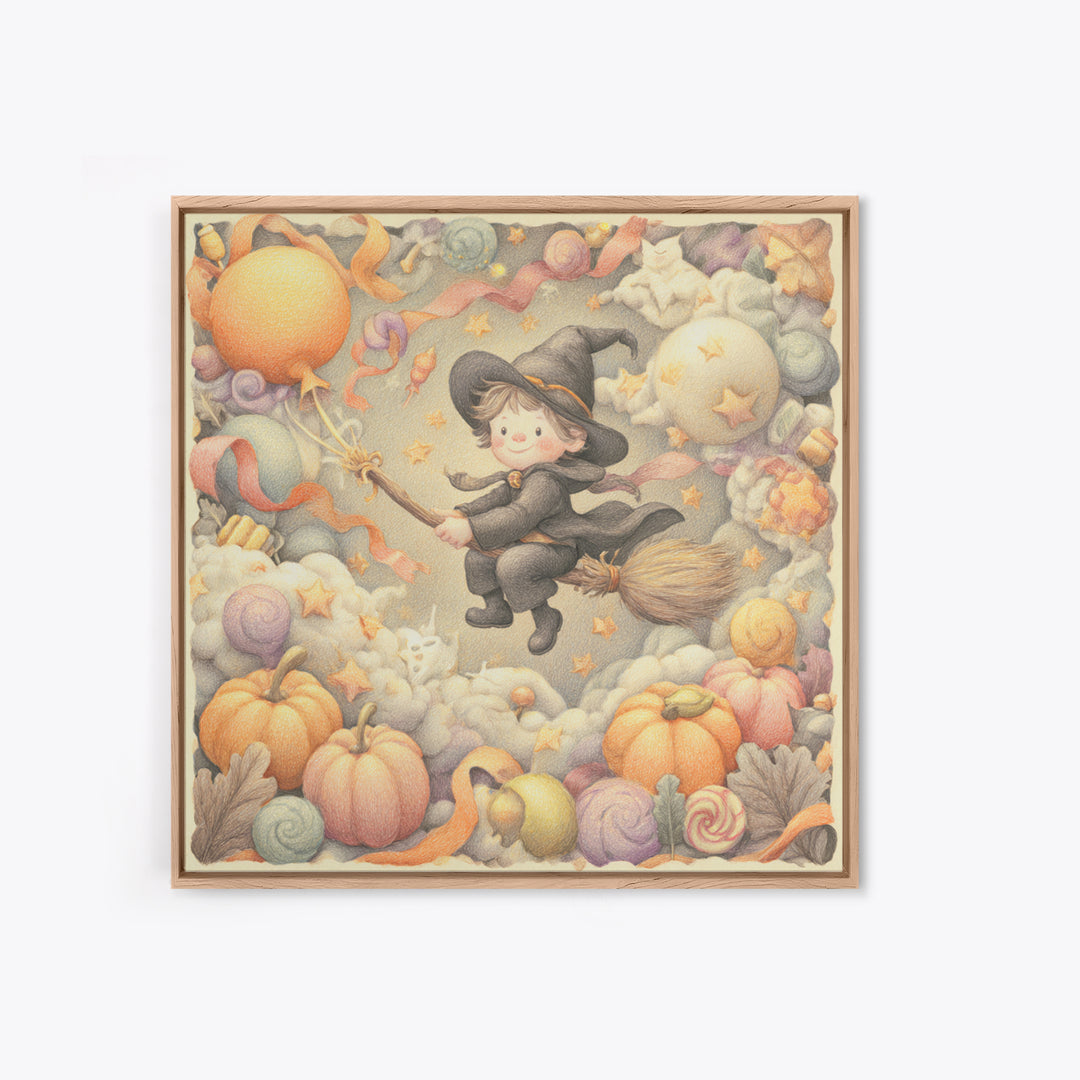 The Broomstick Obstacle Course, Hand Sketch Halloween Art, Square Wall Art, Canvas Print, Cute Halloween Wall Art