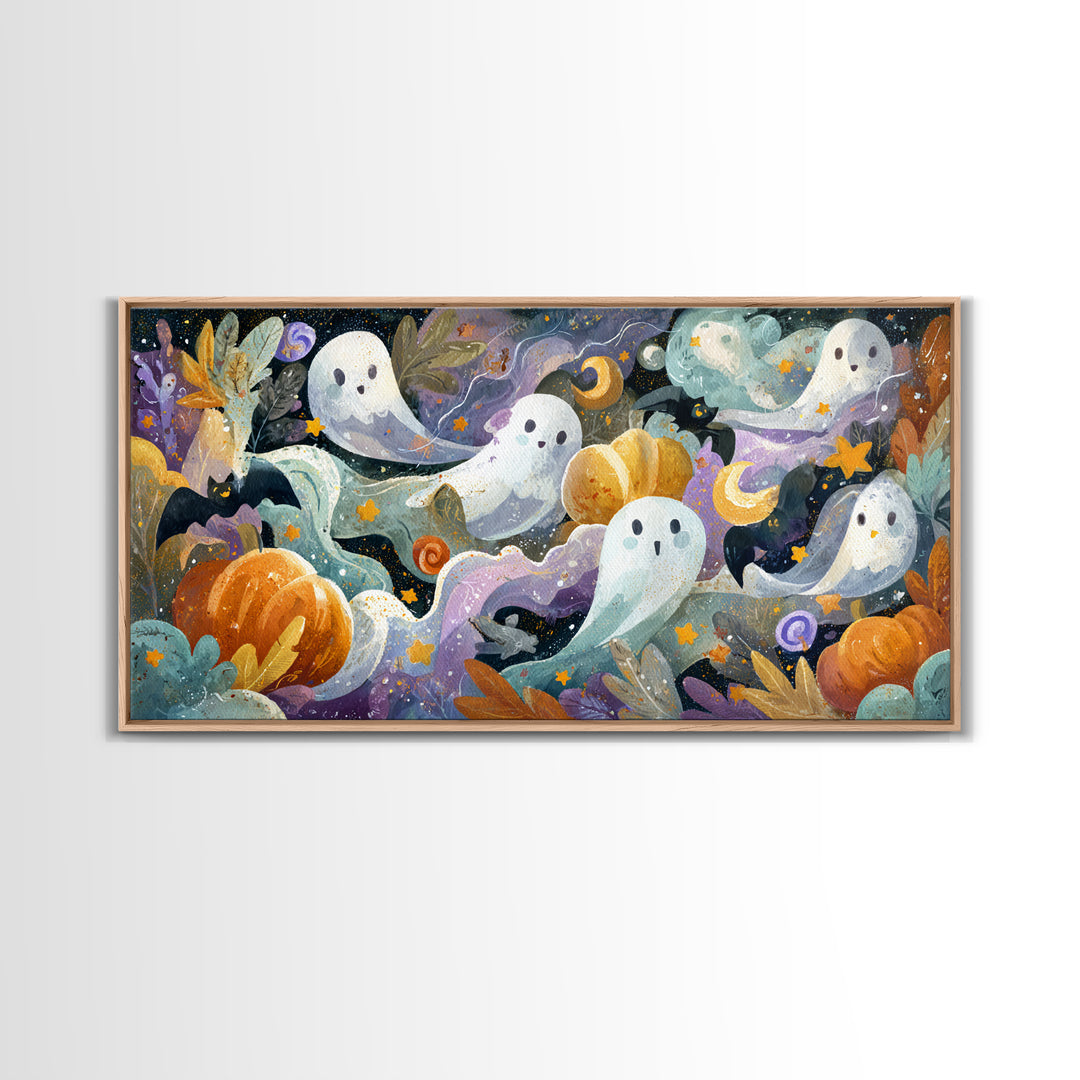The Halloween Craft Table, Watercolor Halloween Art, Wide Panoramic Art, Framed Canvas Print, Cute Halloween Wall Art