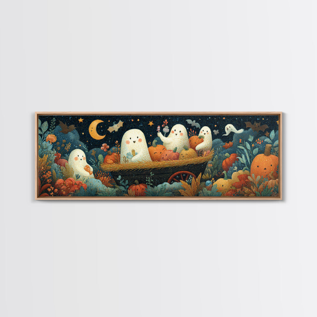 The Friendly Haunted Hayride, Gouache Halloween Art, Extra Wide Wall Art, Canvas Print, Cute Halloween Wall Art