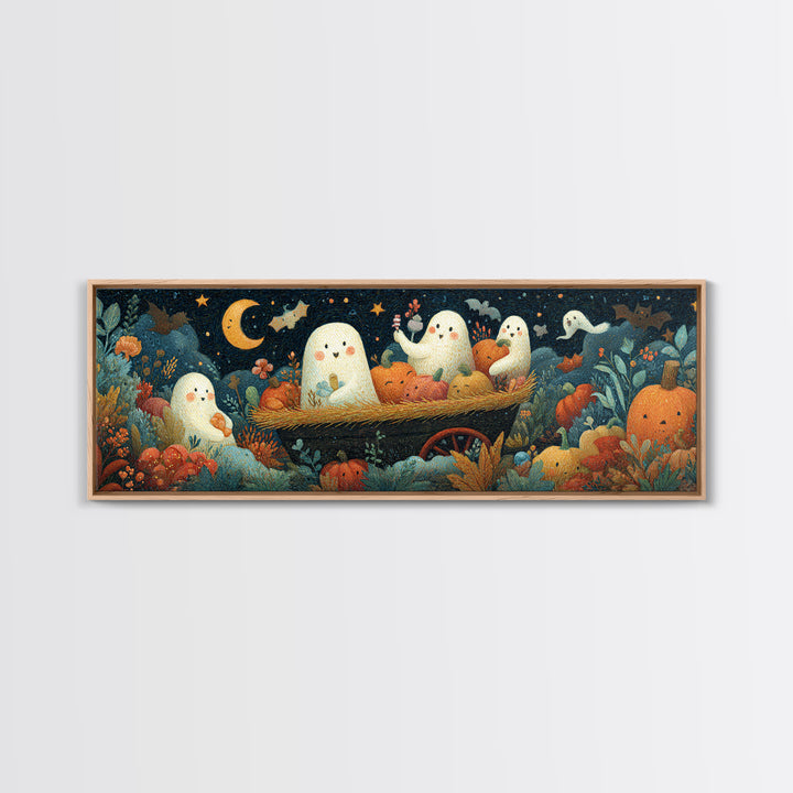 The Friendly Haunted Hayride, Gouache Halloween Art, Extra Wide Wall Art, Canvas Print, Cute Halloween Wall Art