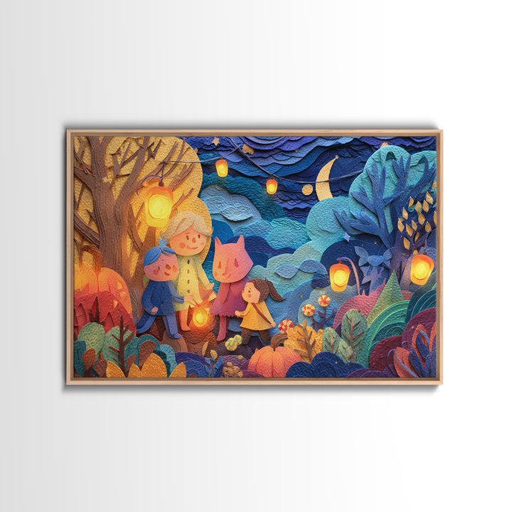 The Lantern-Making Festival, Paper Collage Halloween, Landscape Wall Art, Framed Canvas Print, Cute Halloween Wall Art