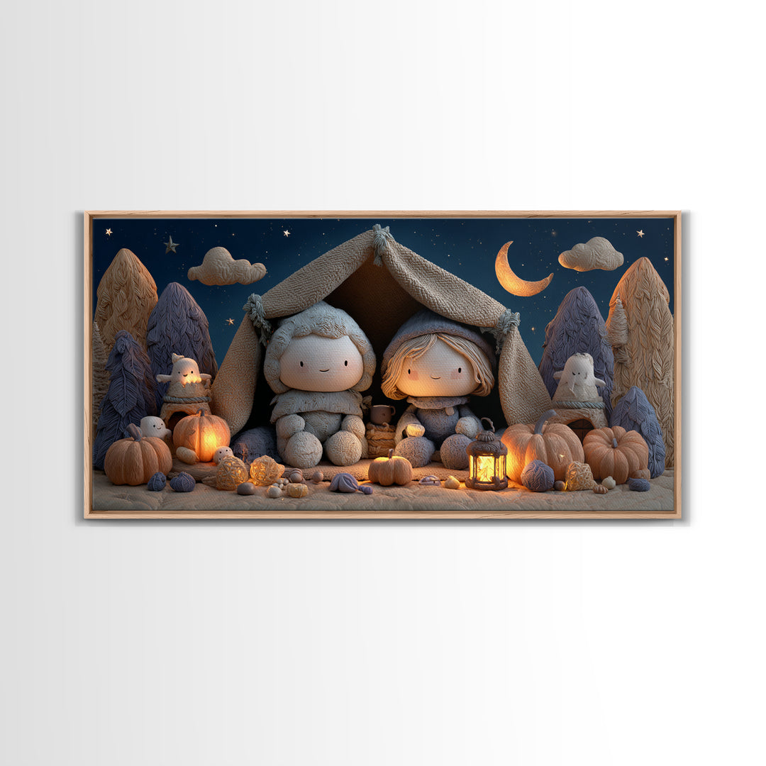 The Halloween Sleepover, Clay Halloween Art, Wide Panoramic Art, Framed Canvas Print, Cute Halloween Wall Art