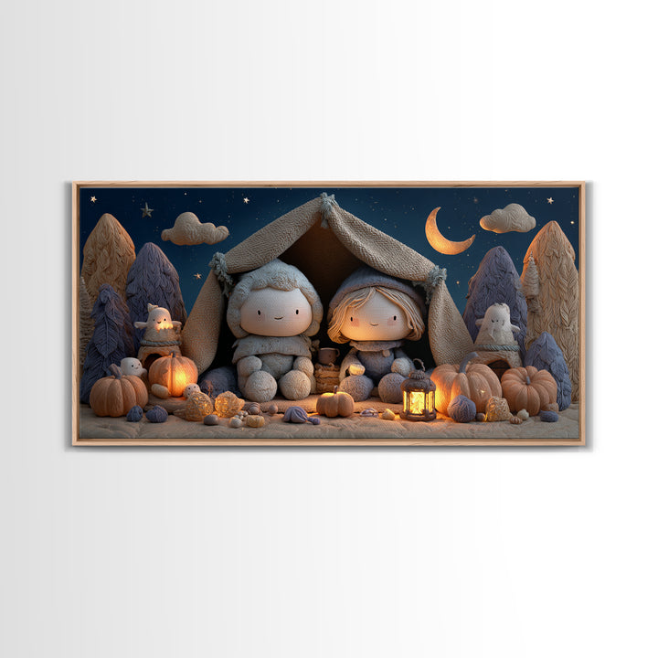The Halloween Sleepover, Clay Halloween Art, Wide Panoramic Art, Framed Canvas Print, Cute Halloween Wall Art