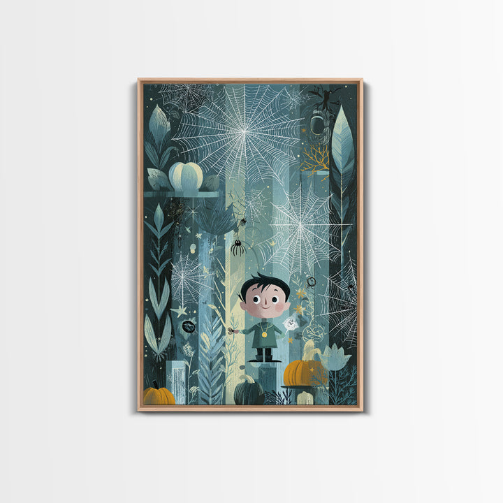 The Great Cobweb Knitting Contest, Retro Halloween Art, Vertical Wall Art, Canvas Print, Cute Halloween Wall Art