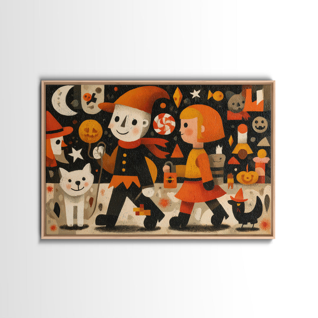 The Halloween Pet Parade, Screenprint Halloween Art, Landscape Wall Art, Framed Canvas Print, Cute Halloween Wall Art