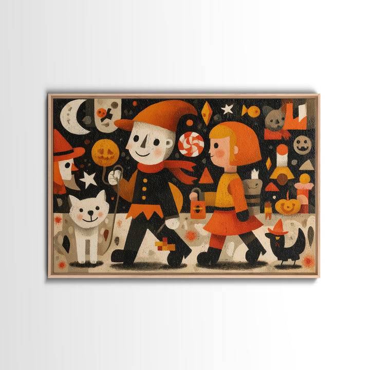 The Halloween Pet Parade, Screenprint Halloween Art, Landscape Wall Art, Framed Canvas Print, Cute Halloween Wall Art