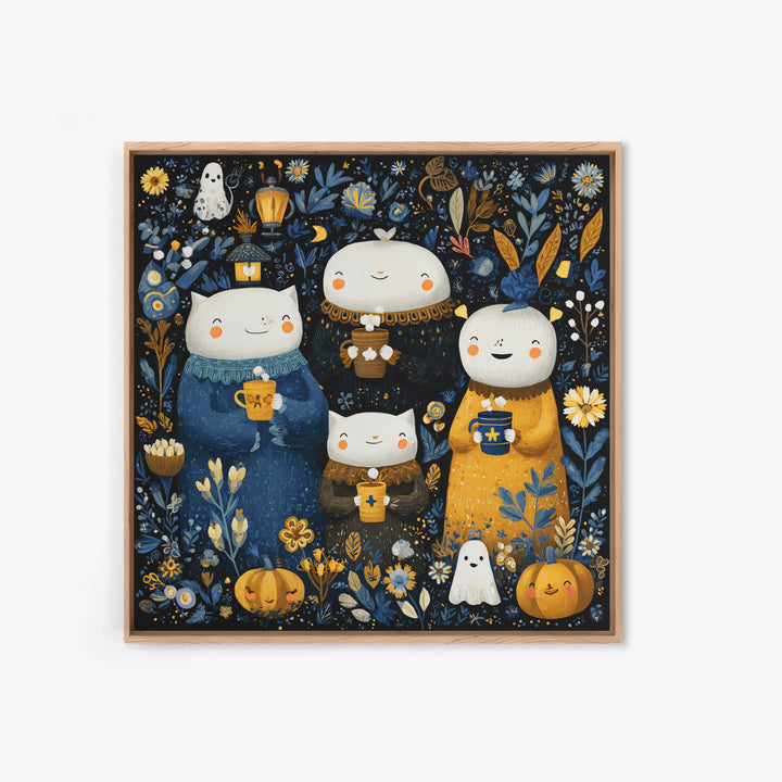 The Midnight Cocoa Party, Folk Halloween Art, Square Wall Art, Canvas Print, Cute Halloween Wall Art