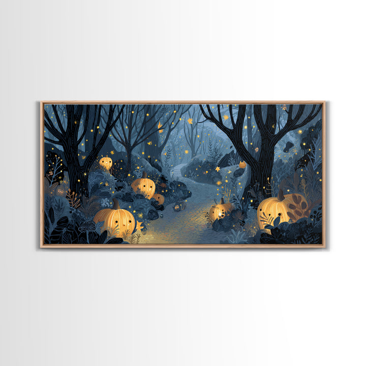 The Firefly Lantern Forest, Linocut Halloween Art, Wide Panoramic Art, Framed Canvas Print, Cute Halloween Wall Art