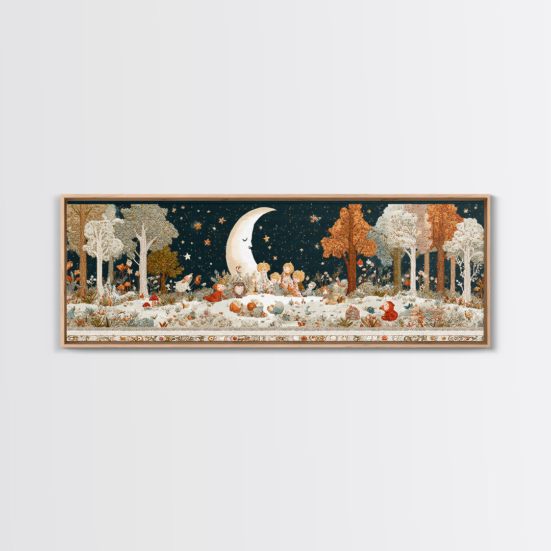 The Smiling Moon Meadow, Embroidered Halloween Art, Extra Wide Wall Art, Canvas Print, Cute Halloween Wall Art