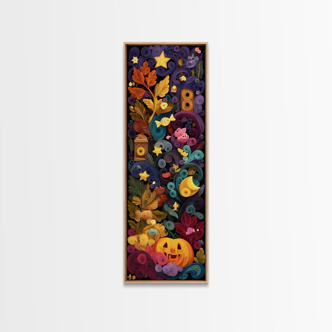 The Dancing Autumn Leaves, Quilled Halloween Art, Tall Narrow Wall Art, Framed Canvas Print, Cute Halloween Wall Art