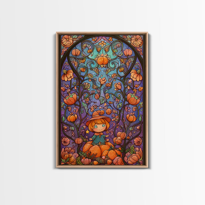 The Pumpkin Flower Garden, Stained Glass Halloween, Vertical Wall Art, Canvas Print, Cute Halloween Wall Art
