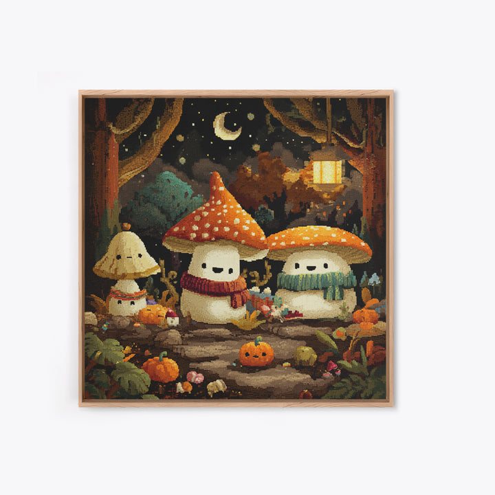 The Friendly Mushroom Forest, Pixel Halloween Art, Square Wall Art, Canvas Print, Cute Halloween Wall Art