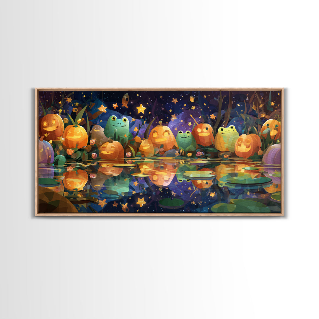 The Star-Filled Pumpkin Pond, Vector Halloween Art, Wide Panoramic Art, Framed Canvas Print, Cute Halloween Wall Art