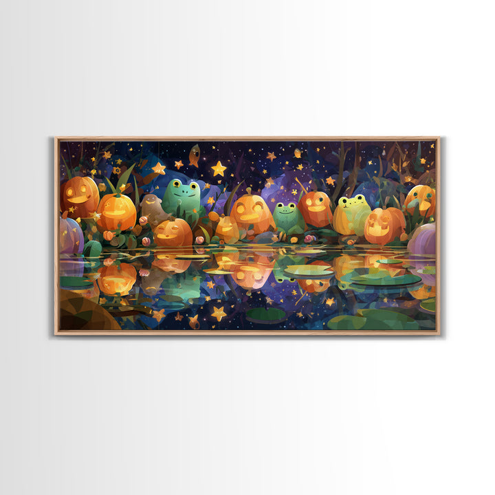 The Star-Filled Pumpkin Pond, Vector Halloween Art, Wide Panoramic Art, Framed Canvas Print, Cute Halloween Wall Art