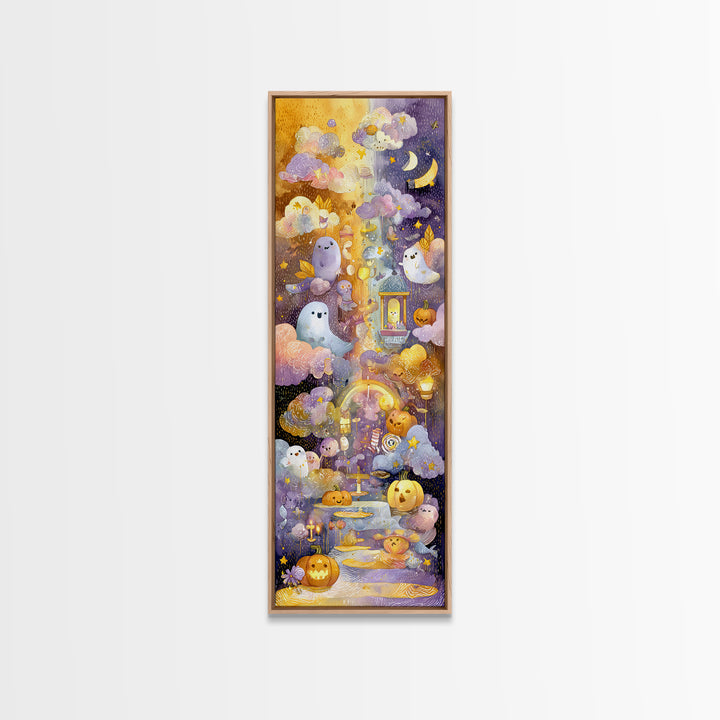 The Rainbow After The Halloween Rain, Watercolor Halloween Art, Tall Narrow Wall Art, Framed Canvas Print, Cute Halloween Wall Art