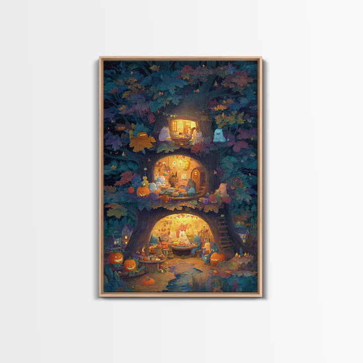 The Cozy Hollow Tree, Gouache Halloween Art, Vertical Wall Art, Canvas Print, Cute Halloween Wall Art