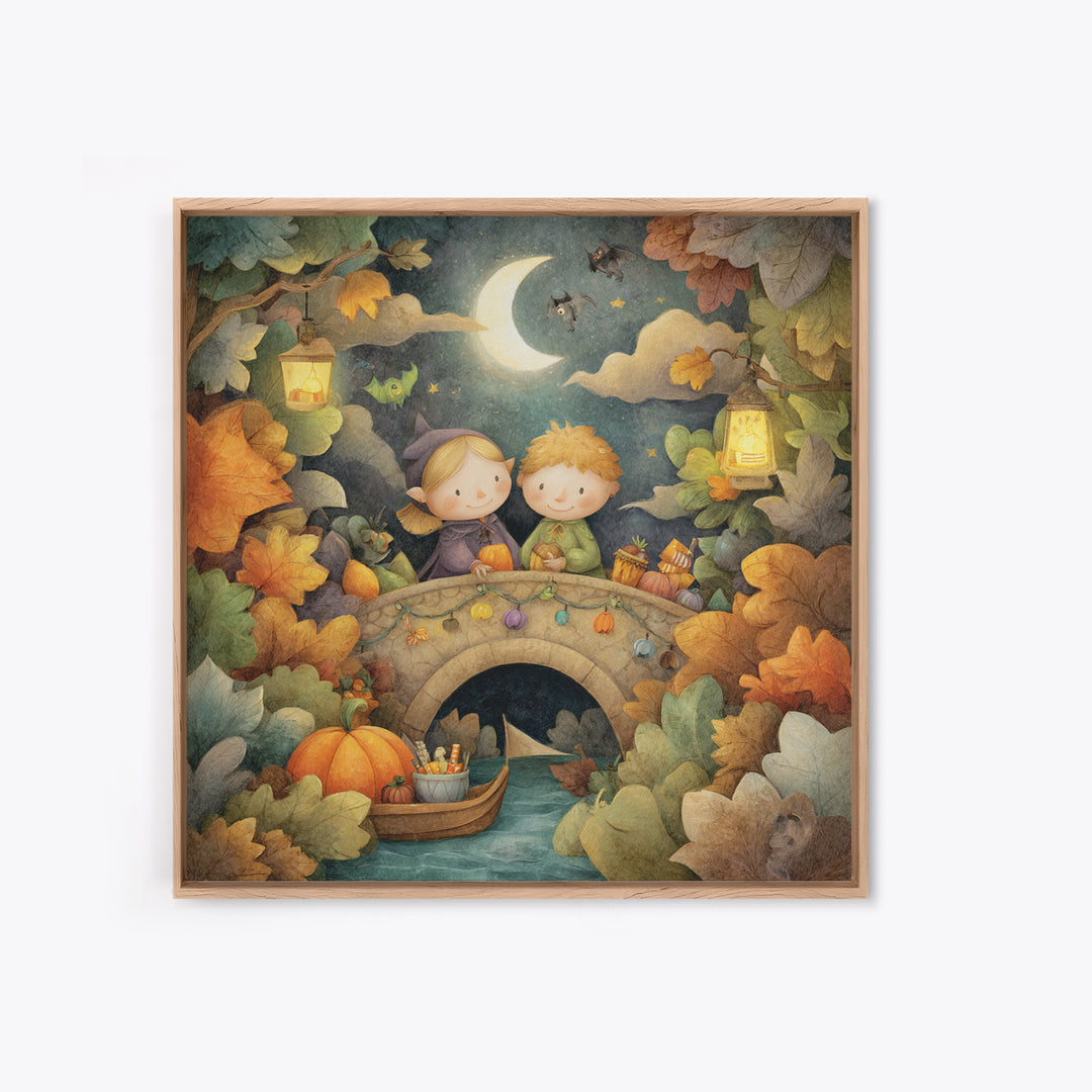 The Autumn Fairy Bridge, Pastel Halloween Art, Square Wall Art, Canvas Print, Cute Halloween Wall Art
