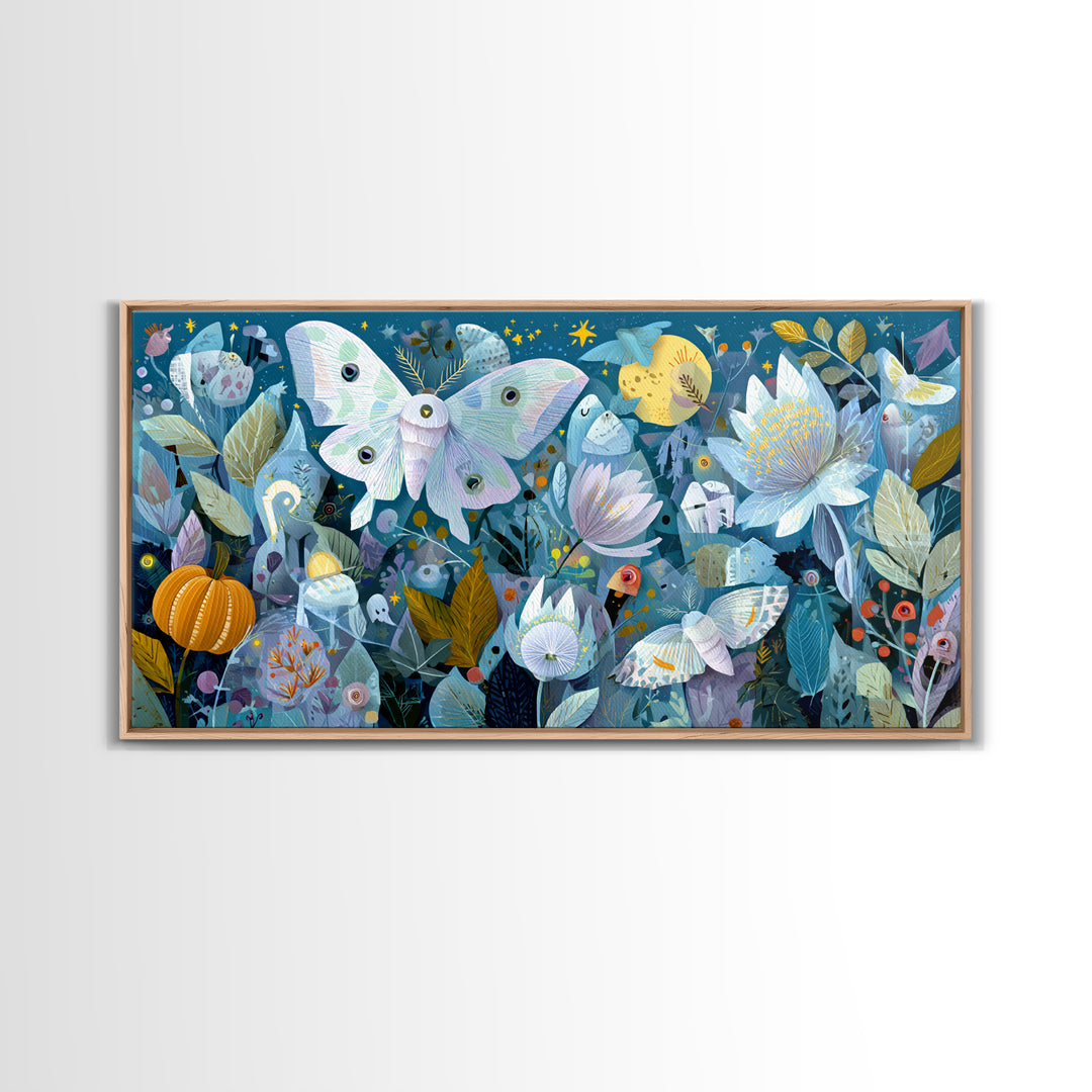 The Moon-Moth Garden, Paper Collage Halloween, Wide Panoramic Art, Framed Canvas Print, Cute Halloween Wall Art