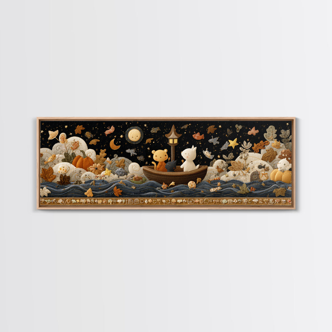 The Golden Leaf River, Felt Halloween Art, Extra Wide Wall Art, Canvas Print, Cute Halloween Wall Art
