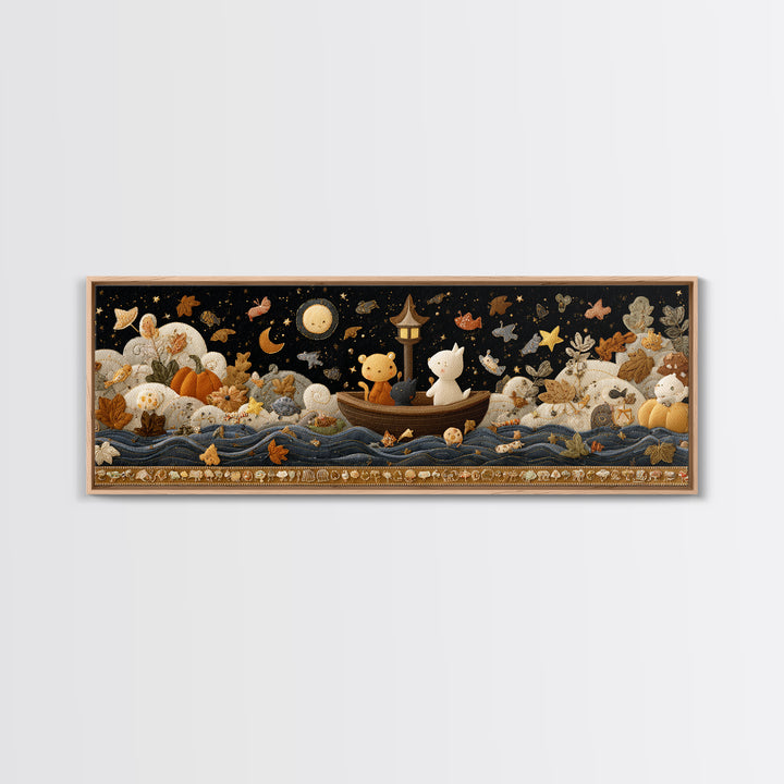 The Golden Leaf River, Felt Halloween Art, Extra Wide Wall Art, Canvas Print, Cute Halloween Wall Art
