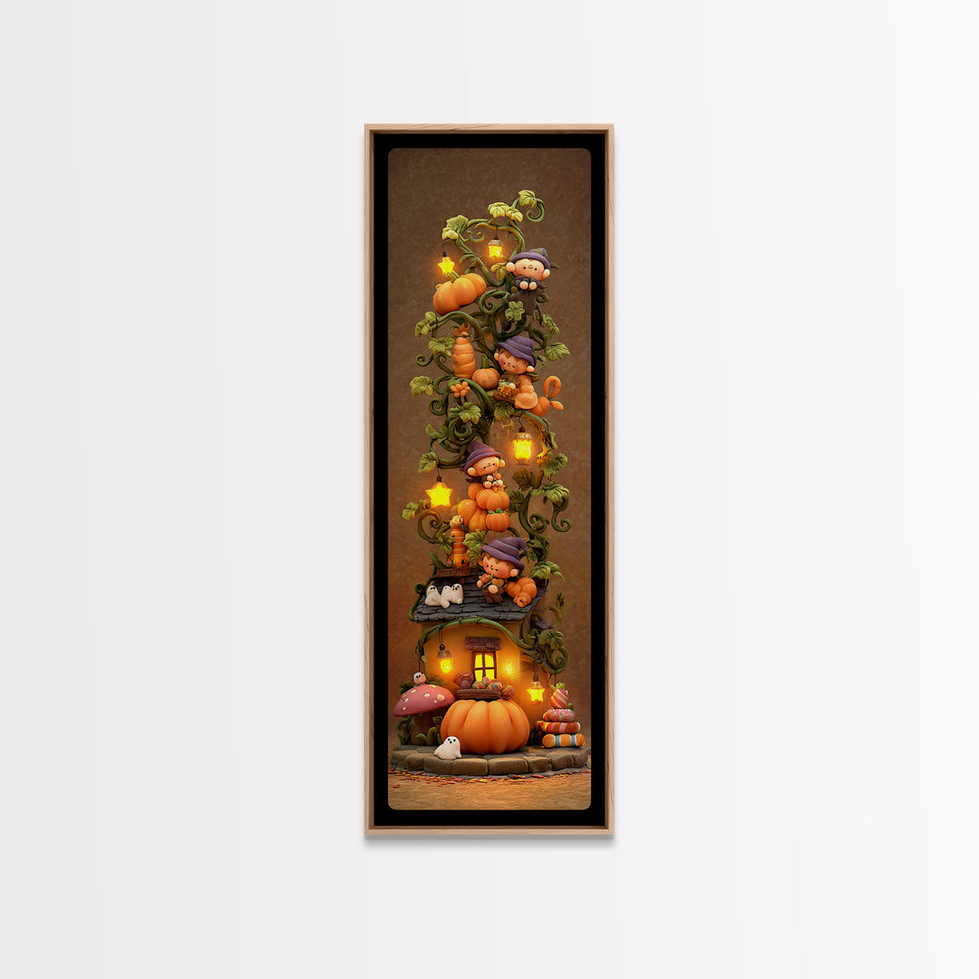 The Pumpkin Vine Swing, Clay Halloween Art, Tall Narrow Wall Art, Framed Canvas Print, Cute Halloween Wall Art
