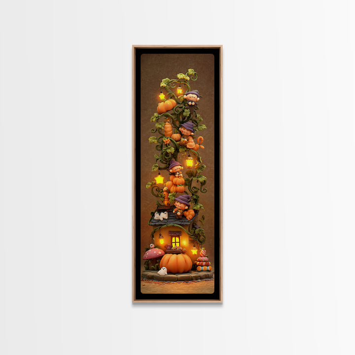 The Pumpkin Vine Swing, Clay Halloween Art, Tall Narrow Wall Art, Framed Canvas Print, Cute Halloween Wall Art