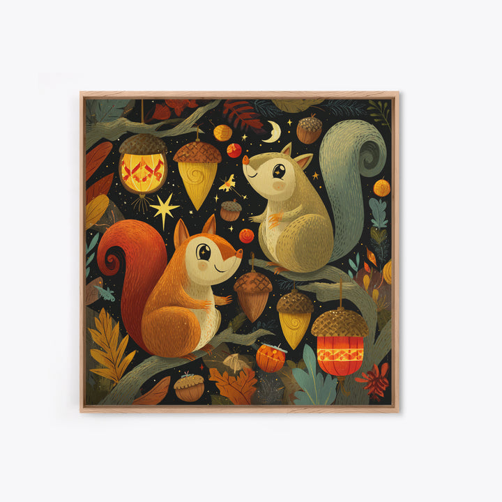 The Acorn Lantern Festival, Retro Halloween Art, Square Wall Art, Canvas Print, Cute Halloween Wall Art
