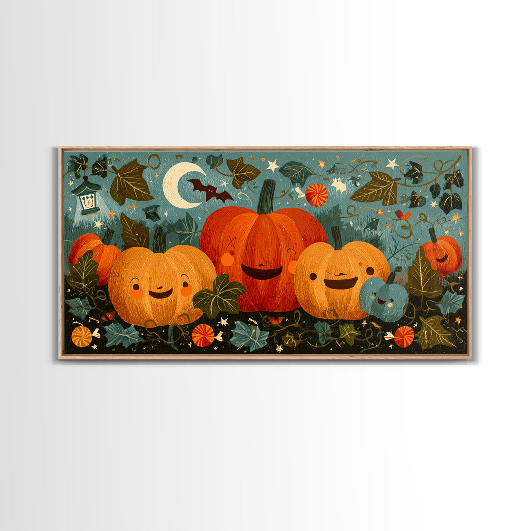The Singing Pumpkin Patch, Screenprint Halloween Art, Wide Panoramic Art, Framed Canvas Print, Cute Halloween Wall Art