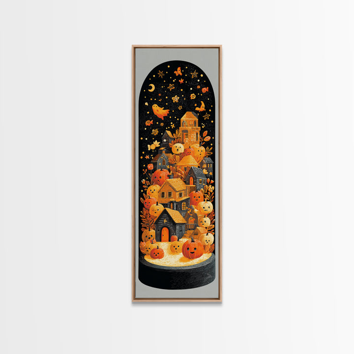 Halloween Inside A Snow Globe, Linocut Halloween Art, Tall Narrow Wall Art, Framed Canvas Print, Cute Halloween Wall Art